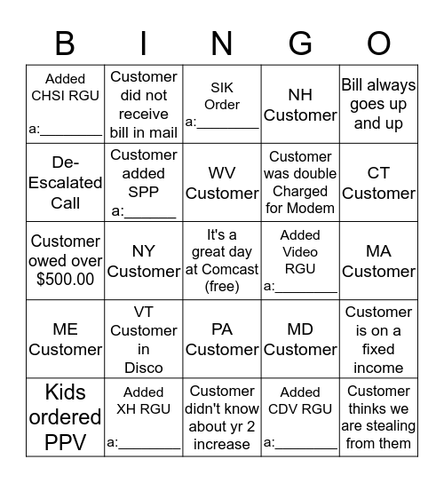 Disconnection Bingo (Please provide acct # for RGU, SIK or SPP) Bingo Card