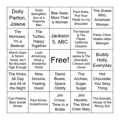 50's, 60's, and 70's Bingo Card