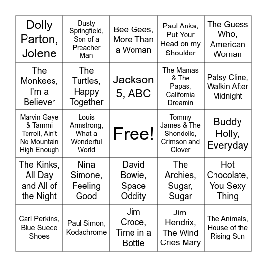 50's, 60's, and 70's Bingo Card