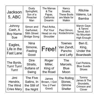 50's, 60's, and 70's Bingo Card