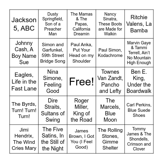50's, 60's, and 70's Bingo Card