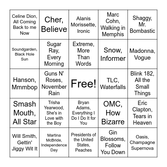 90's Bingo Card