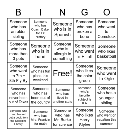 Classmate Bingo Card