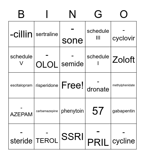 ch 16 Drug Classification Stems Bingo Card