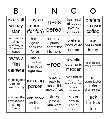 Luna Aug staff Bonding Bingo Card