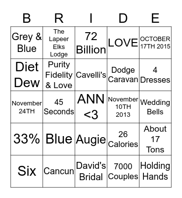 Ann's Bridal Bingo Card