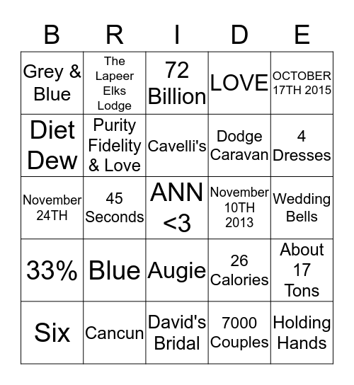 Ann's Bridal Bingo Card