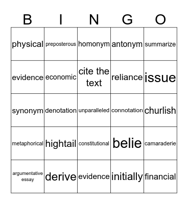 Vocabulary Bingo Card