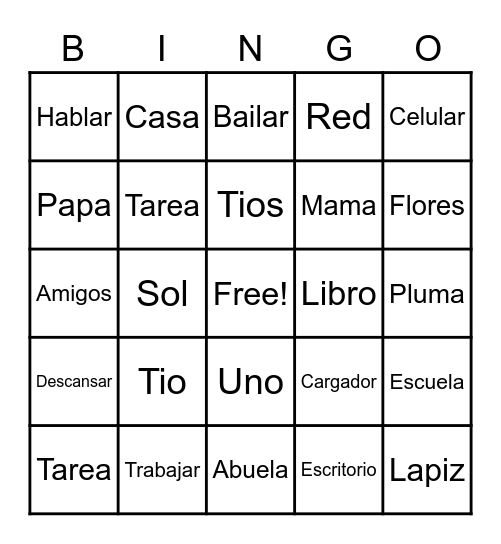 Vocabulary Bingo Card