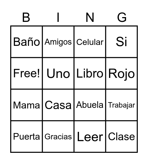 Vocabulary Bingo Card