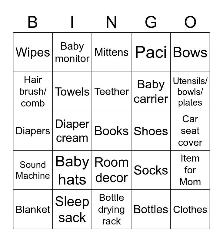 Baby O Shower Bingo Card