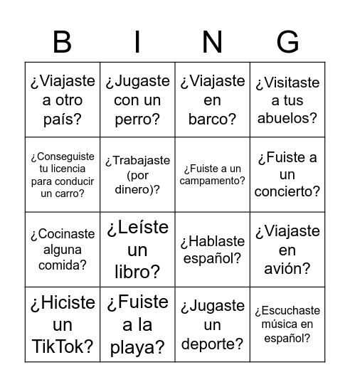 "Bing" del Verano Bingo Card