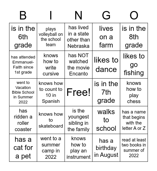 I am a student who... Bingo Card