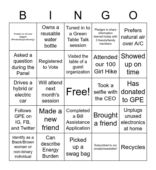 Protecting Our Energy! Bingo Card