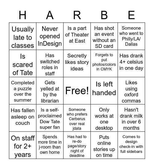 WELCOME TO HARBINGER Bingo Card