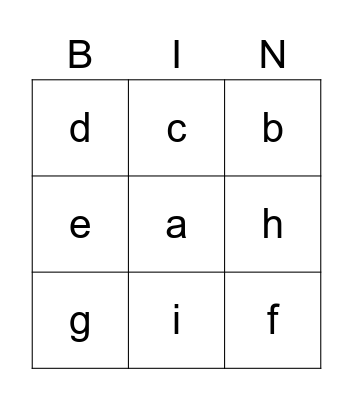 A~I Binggo Bingo Card