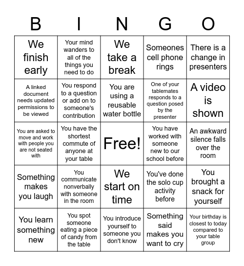 Institute Day B I N G O Bingo Card