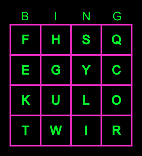 4x4 Alphabet Bingo Card