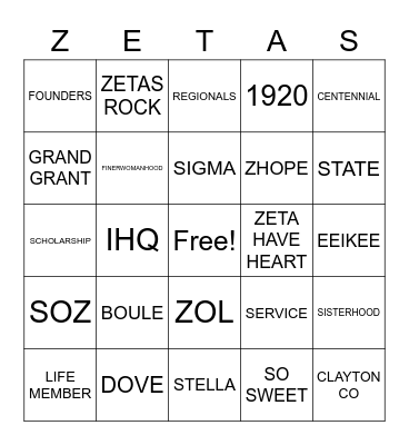 Stella Sigma Omega Zeta Chapter OF Z PHI B Bingo Card