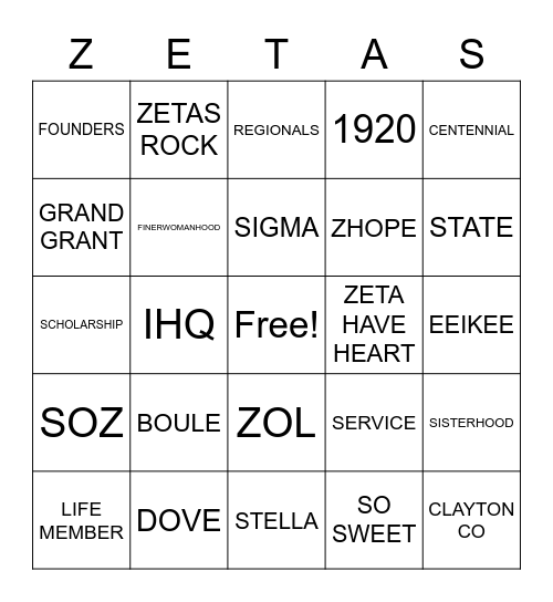 Stella Sigma Omega Zeta Chapter OF Z PHI B Bingo Card