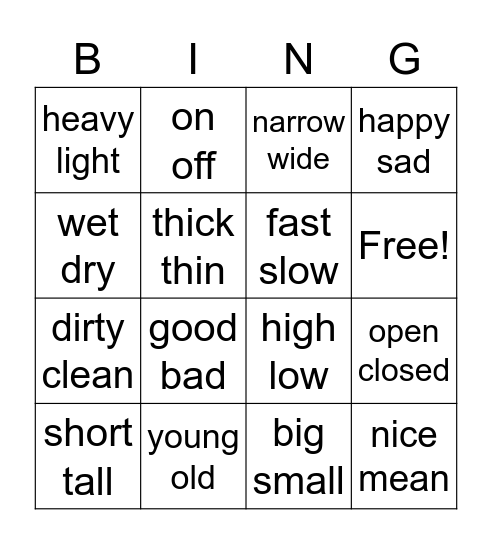 Opposites Bingo Card