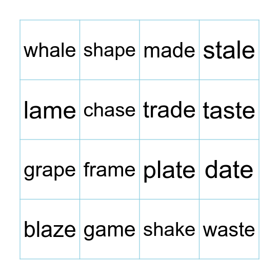 A_E / E_E Worksheet Bingo Card