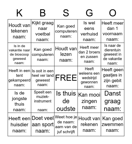 kennismaken in:             groep 4 Bingo Card