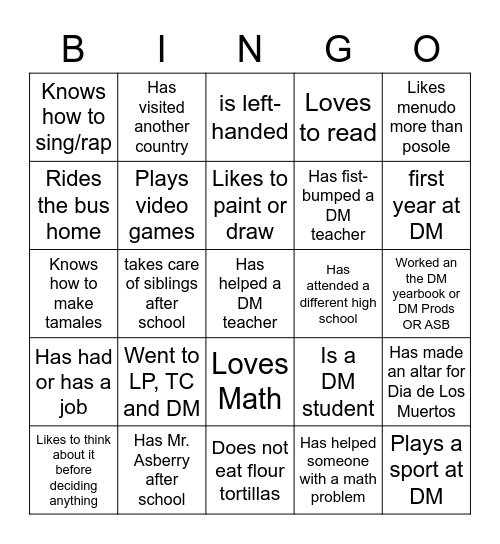 Desert Mirage Student Bingo Card