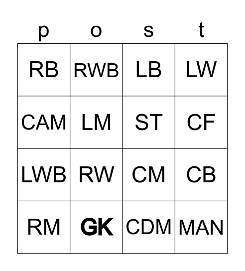 position Bingo Card