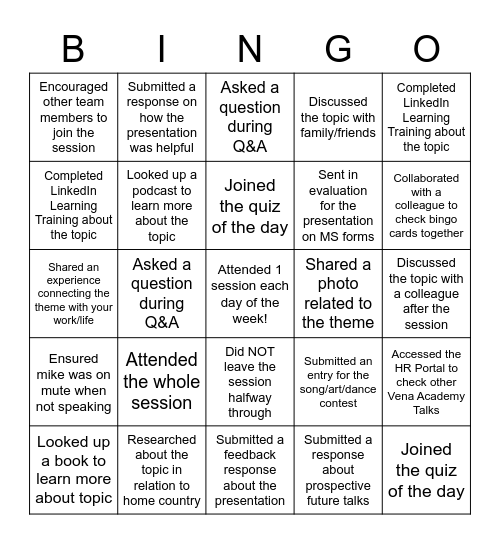 Vena Academy Learning Week Bingo Card