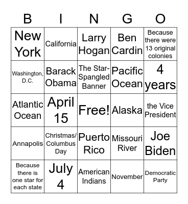 October 3, 2015 Bingo Card