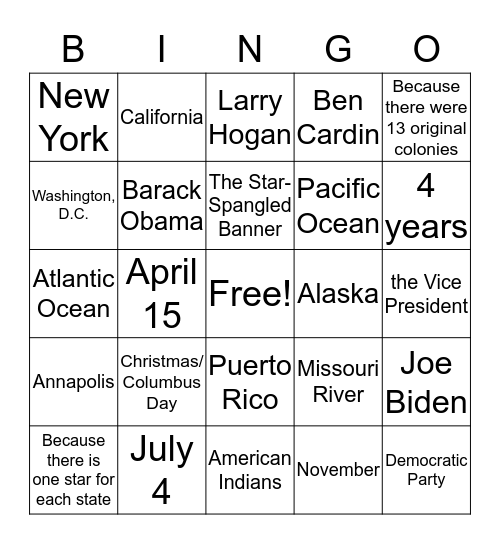 October 3, 2015 Bingo Card