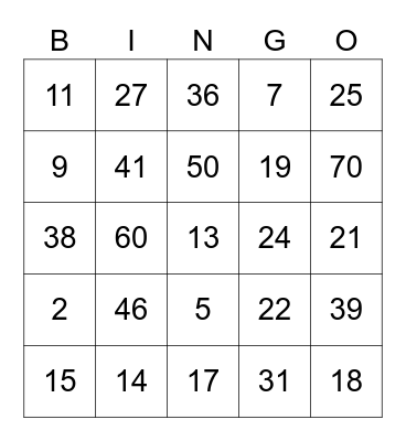 Number Bingo Card