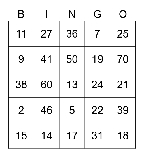 Number Bingo Card