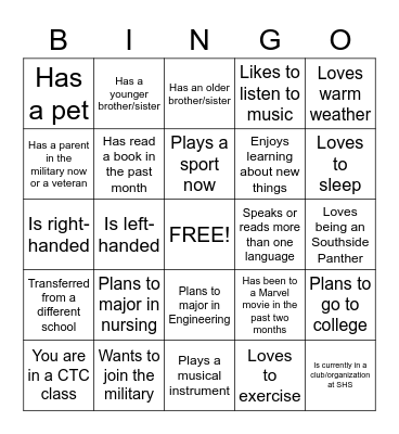 New Student Bingo Card