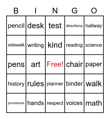 Back to School Words Bingo Card