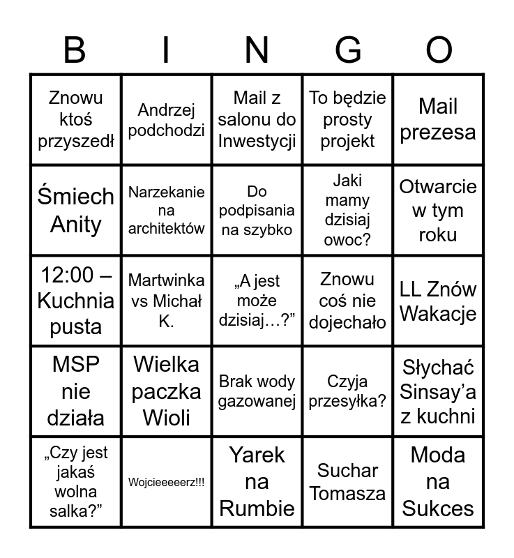 Project BINGO Management Bingo Card