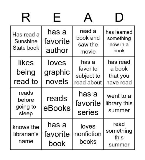 KNOW YOUR READER Bingo Card