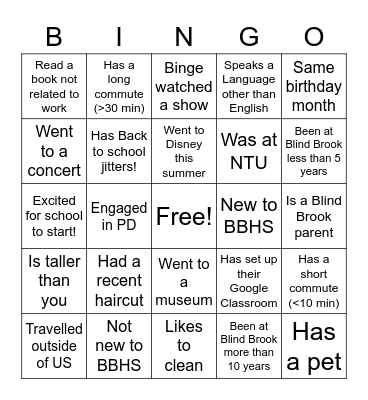 Blind Brook Bingo! Bingo Card