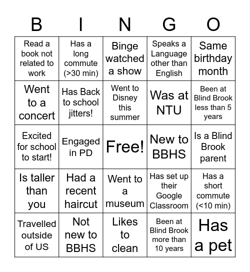 Blind Brook Bingo! Bingo Card