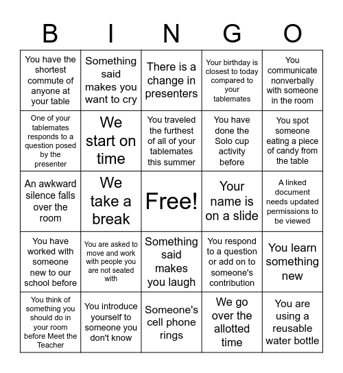 Institute Day B I N G O Bingo Card