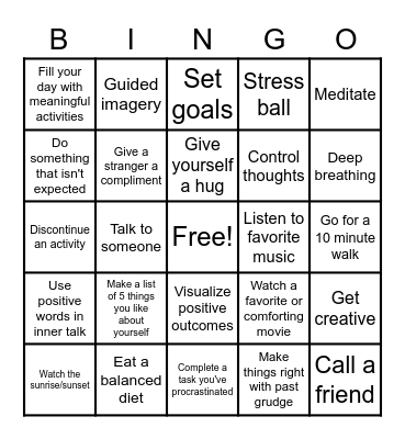 Stress and Anxiety Reduction Bingo Card