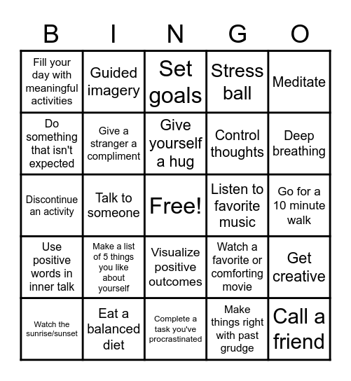 Stress and Anxiety Reduction Bingo Card