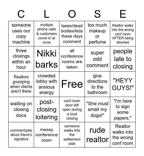 CLOSING 2.0 Bingo Card