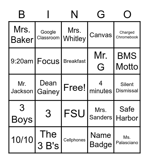Bulldog Basics Bingo Card