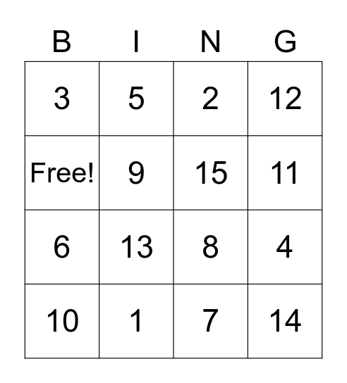 Number Bingo Card