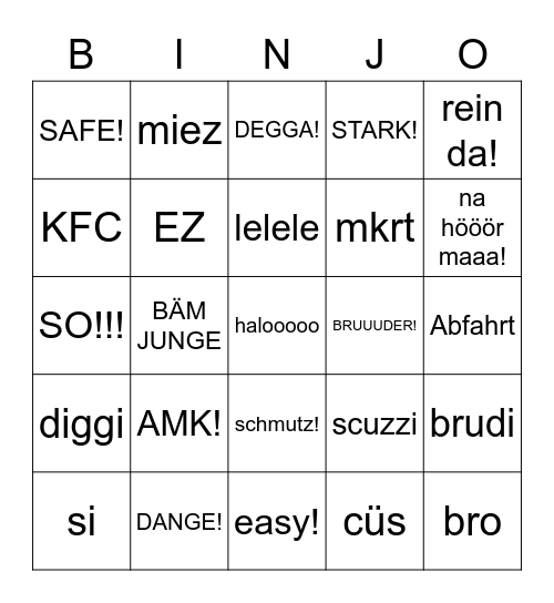 TINJO BINJO Bingo Card