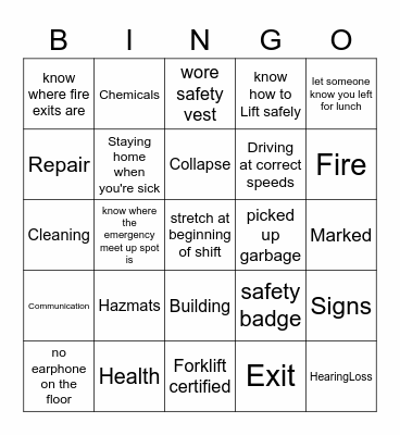 Warehouse Safety Bingo Card
