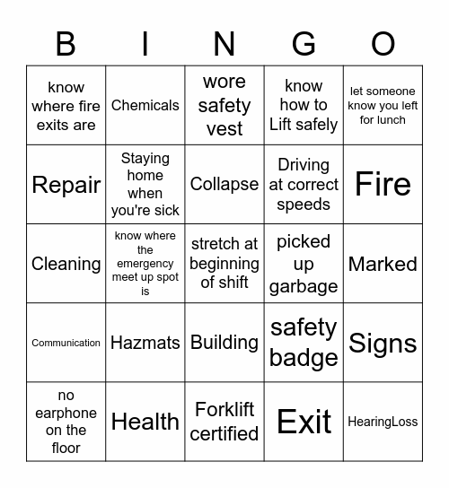 Warehouse Safety Bingo Card