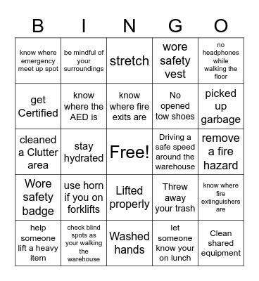 Warehouse Safety Bingo Card